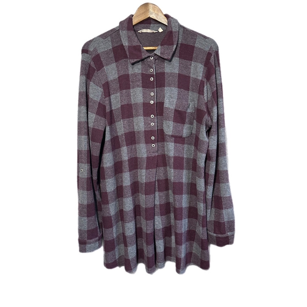 Soft Surroundings Tunic Women XL Burgundy Grey Excellent Plaid Henley 2CB29